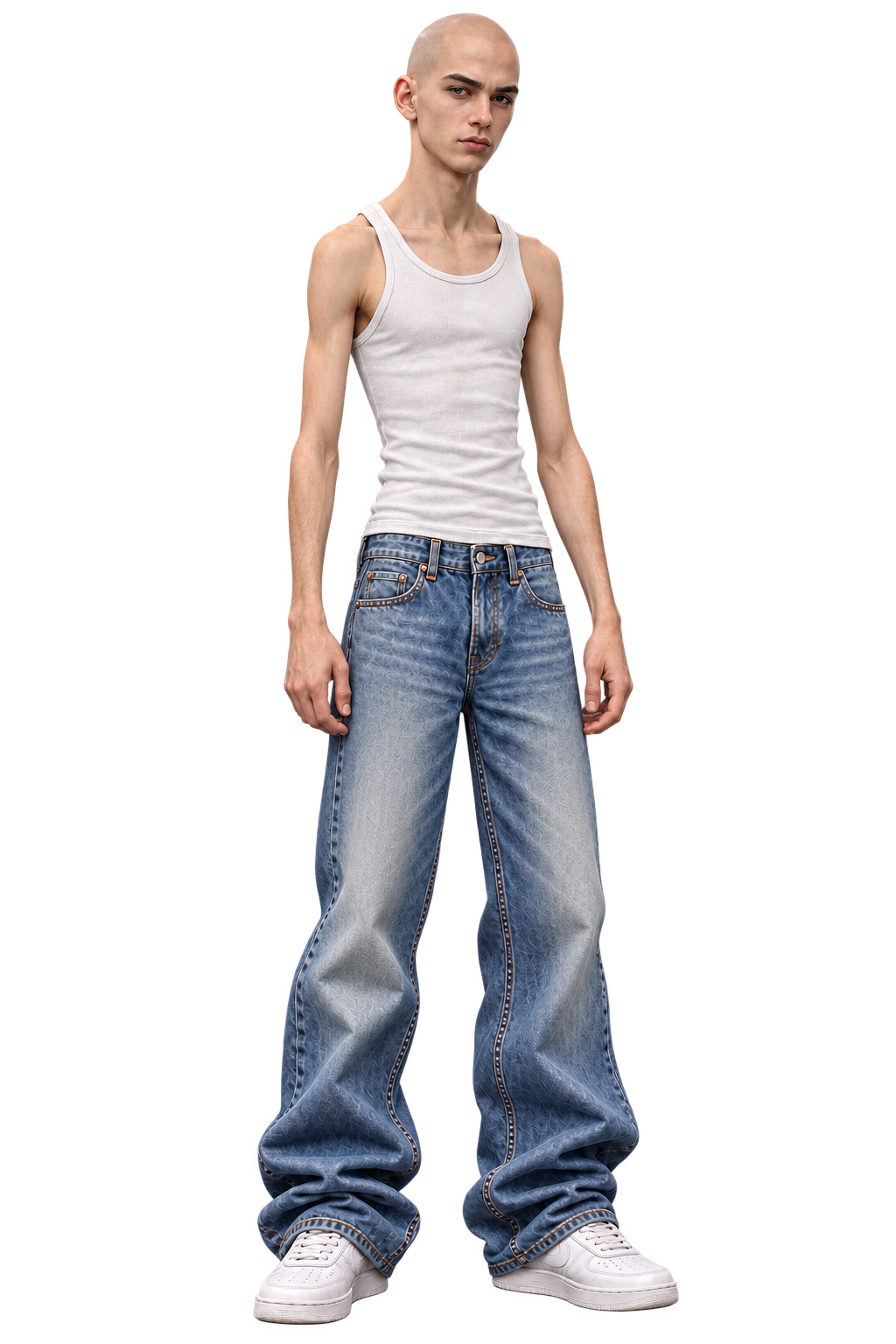 Your character at level 1: Fresh Start. white ribbed tank, faded blue baggy jeans, white sneakers